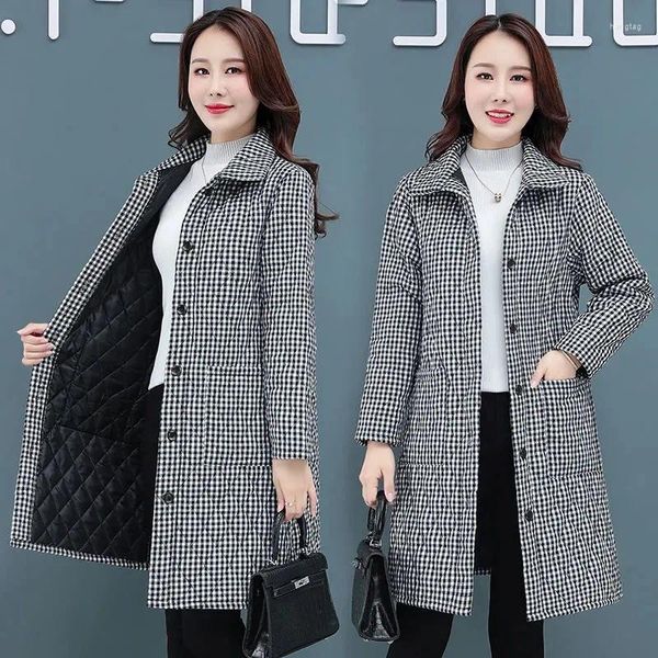 Gabardinas De Mujer Otoño Invierno Chaqueta Acolchada Abrigo Parka Largo Abrigo De Algodón Acolchado A Cuadros De Mediana Edad Abrigo Informal