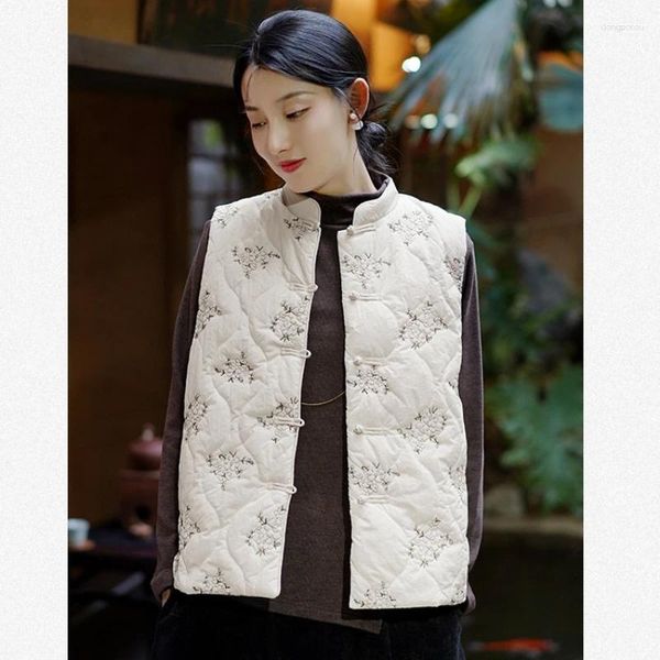 Trenchs de femmes automne hiver rétro coton gilet style chinois plaque boucle vêtements chauds épaule fleur