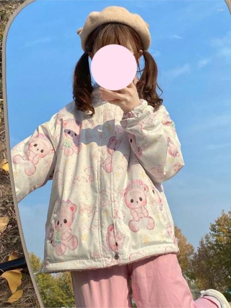 Trenchs de femmes Automne Hiver Sweet Lolita Style Peluche Femmes Mignon Ours Imprimer Lâche Laine d'agneau des deux côtés Porter Parkas Filles Kawaii JK