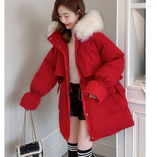 Trench da donna Autunno Inverno Parka caldo per le donne Coreano Lady Sweet Bowknot Pelliccia con cappuccio Piumino lungo 2023 Anno Lucky Red Capispalla