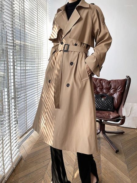 Trenchs de Femmes Manteaux Automne Hiver Coupe-Vent Femmes Vintage Kaki Longues Vestes Femme Élégante Double Boutonnage Ceinture Manteau Dames Casual V