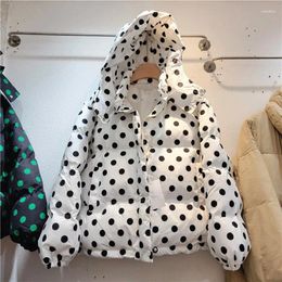 Dames Trenchcoats Herfst Winter Dames Polka Dot Print Korte donsjas met capuchon Losvallend Casual Koudbestendig Warme parka's Met katoen gevoerd