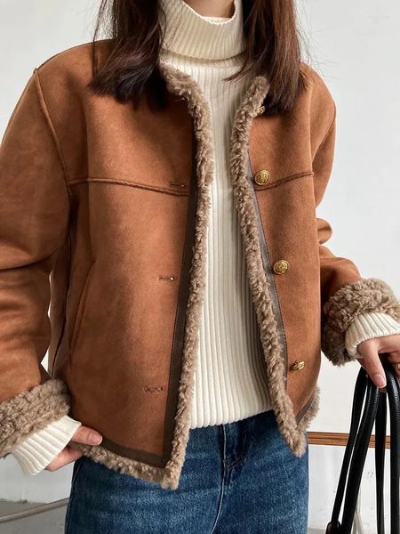 Gabardinas para mujer Otoño para mujer Abrigo de lana de cordero Mujer Corta Casual O Cuello Chaquetas para mujeres Invierno Elegante Ropa exterior en Café Beige