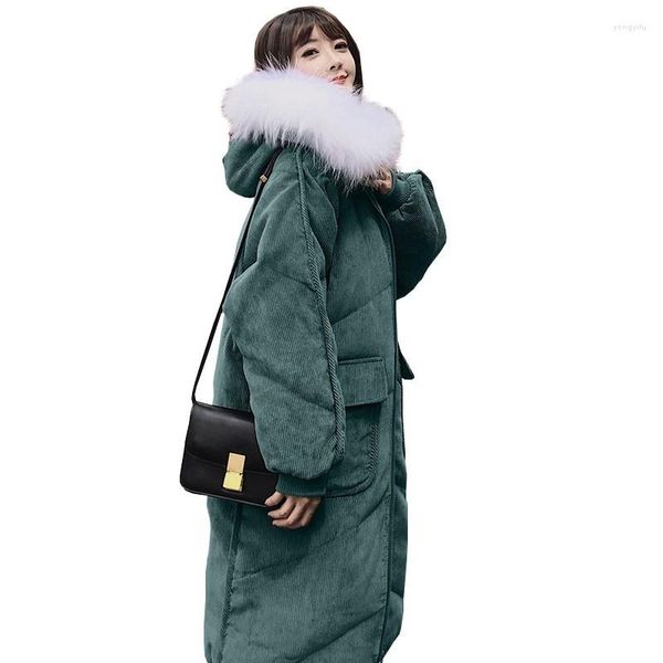 Gabardina para mujer, abrigo de algodón de pana verde con cuello de piel grande, chaqueta de invierno para mujer, moda holgada de talla grande, acolchado grueso para mujer