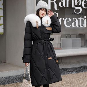 Trenchs pour femmes grand col de cheveux long sur le genou veste rembourrée en coton pour femme 2023 hiver taille épaissie montrer mince manteau épais