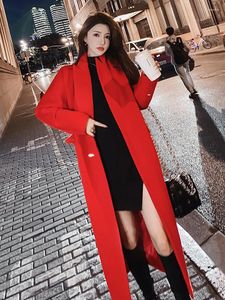 Damesgeulcoats Big rode wollen jas voor vrouwen medium lang feestelijke bruiloft Koreaanse versie taille sluiting winter
