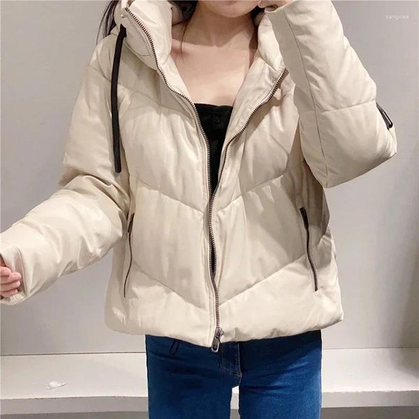 Trenchs de femmes manteaux noir / beige surdimensionné chaud pardessus style lâche manteau à capuche mode fermeture éclair poche en cuir PU hiver femmes veste parkas