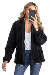 Trenchs de femmes manteaux noirs zippés manteau sherpa avec poche femmes col montant fermeture éclair manches longues avant s-2xl vestes lâches manteaux