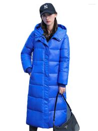 Trenchs de femmes manteaux bleu brillant gratuit lavage coton manteau pour femmes longue épaisse chaleur à capuche Parkas 2024 hiver coréen vêtements en vrac
