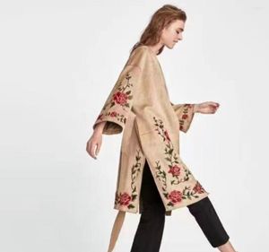 Trench-Coats Femme Boho Faux-Suede Penoy Floral Brodé Ceinturé Manteau Mode Chic Kaki Kimono Surdimensionné Fente Côté Robe Long Survêtement