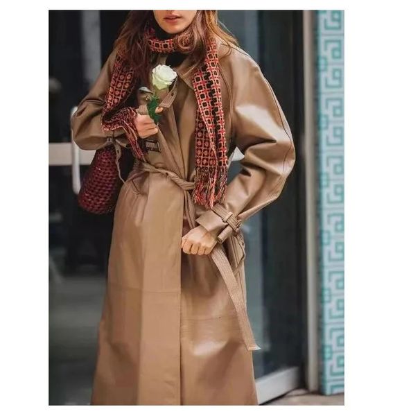 Trenchs pour femmes, manteau en peau de mouton de Style britannique, mi-long en cuir, vêtements de printemps et d'automne 2023, 231023