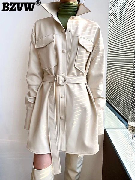 Trench-Coats pour femmes bzvw printemps automne tendance vintage ceinture de vent coulant 2024 Temperrament Office Lady Pu Leather veste femelle 25x3011