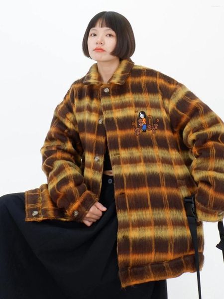 Trench Coats Trench Coats Cartoon Plaid Laine Tente à revers en laine pour femmes 2023 Hiver Loose BF Style American Tendance