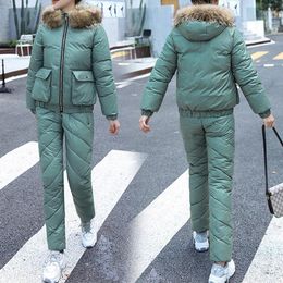 Trenchs pour femmes Casual Warm Down Coton À Capuchon 2 Pièces Ensembles Coréen Épais Court Parka Manteau Conjuntos Snow Wear Taille Haute Pantalon Coupe-Vent