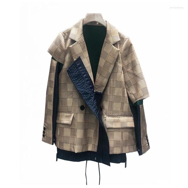 Abrigos de trinchera para mujer Celebridad Mujeres Plaid Patchwork Blazer Diseñador Otoño Costura Color Matching Lattice Dobladillo Cordón Casual