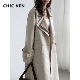 Trench da donna CHIC VEN Trench da donna Solido sciolto Contrasto Doppio colletto Doppio petto Giacca a vento da donna lunga Office Lady Primavera Autunno 231026