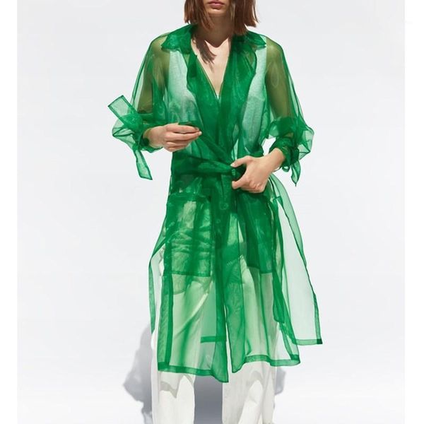 Trench femme Chic femmes vert Organza manteau 2022 automne dames Long Style Transparent été crème solaire vêtements d'extérieur