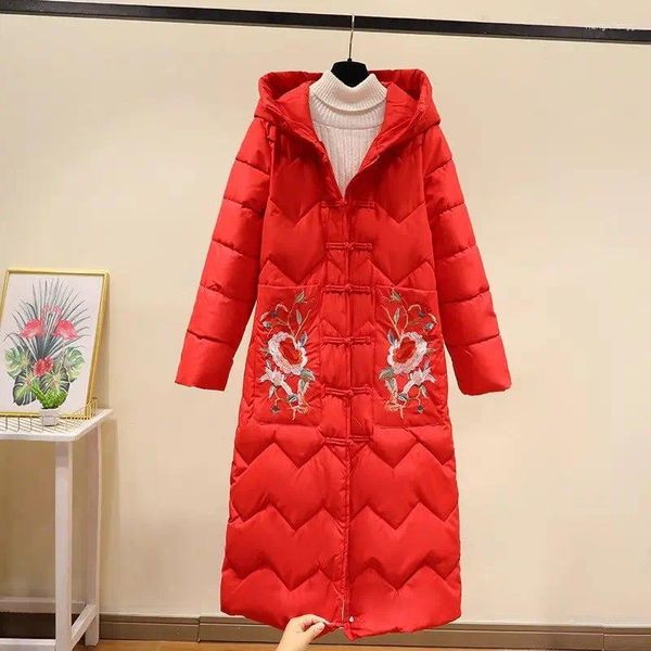 Trenchs de femmes manteaux de mode chinoise vêtements pour femmes rétro style ethnique rouge veste en coton brodé surdimensionné épaissi mi-longueur hiver