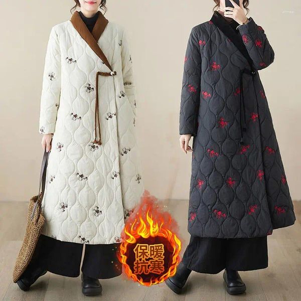 Trenchs de femmes manteaux de style chinois hiver manteau de coton brodé pour femmes 2024 mode col croisé Hanfu ancienne veste longue Abrigos