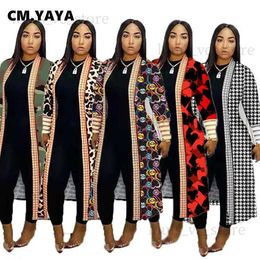 Gabardinas para mujer CM.YAYA Elegante Leopardo Camuflaje Houndstooth Impreso Manga larga Puntada abierta Larga Trench Streetwear Moda INS Outwear T231204