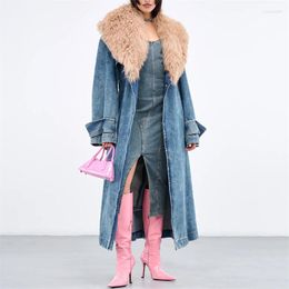 Trench-coat pour femme, manteau, mode coréenne, veste, col en fourrure détachable, coupe-vent long, haut à manches en denim, automne 2023