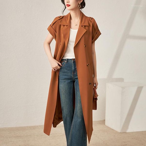 Trench-coat pour femme, manteau pour femme, élégant, col cranté, manches courtes, coupe-vent, double boutonnage, long, automne 2023