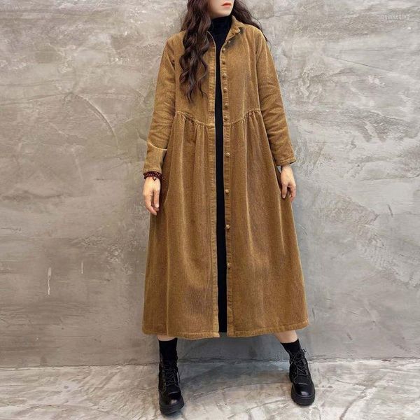 Femmes Trench Manteaux Manteau Pour Femmes Polaire Épais Hiver Harajuku Longue Veste En Velours Côtelé Rétro À Manches Lâches Top En Gros