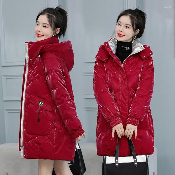 Gabardinas para mujer Abrigos coloridos brillantes gruesos abajo chaqueta de algodón mujeres abrigo de invierno coreano con capucha de longitud media parka femenina ropa de nieve ropa exterior