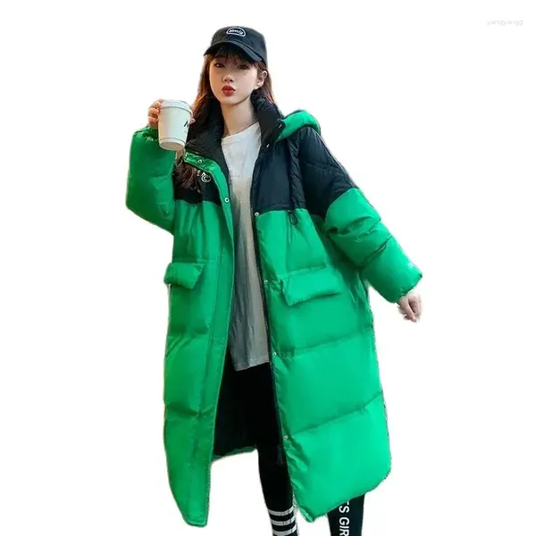 Gabardinas para mujer Costura en contraste Pareja Chaqueta acolchada de algodón Abrigo de invierno suelto coreano largo y grueso para hombres y mujeres con el mismo