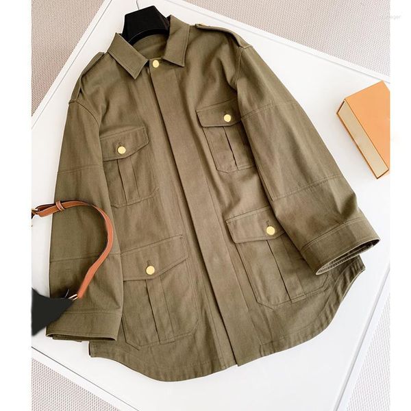 Gabardina para mujer, abrigo corto verde militar de alta calidad Cosmicchic para mujer, cazadora holgada de una sola botonadura dorada Retro para principios de otoño 2023