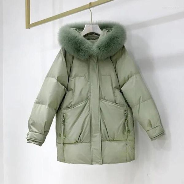 Gabardines femininas Jaqueta acolchoada de algodão para baixo Tamanho grande 2XL solto Parka de comprimento médio Feminino Coreano Inverno Pêlo grande Casaco de bolso quente