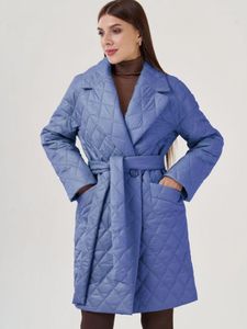 Trenchs de femmes manteaux de coton rembourré pardessus pour l'automne hiver diamant plaid cranté revers long manteau chaud lâche à lacets veste de couleur unie