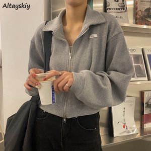 Damesgeuljagen bijgesneden jas ritsje chic streetwear solide los college vrouwelijke Harajuku Basic Ins Studenten Ulzzang 230331