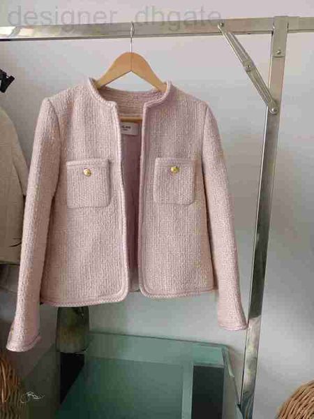 Abrigos de trinchera para mujer Diseñador CE2023 Principios de primavera Nuevo vestido de mujer Pink Wool Tweed Fried Dough Twists Lace Sin botones Manga larga Abrigo corto Mujer RPRK