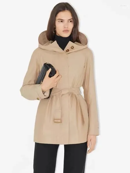 Trenchs de femmes manteaux de concepteur rétro couleur unie mi-longueur manteau à capuche ceinturé pour la mode d'automne veste ample tout-en-un