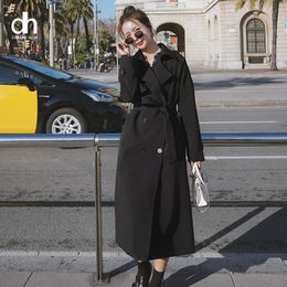 Femmes Trench Coats DH Mode Femmes Manteau Printemps Automne Femme Survêtement Noir Double Boutonnage Avec Ceinture Long Duster Pour Dame