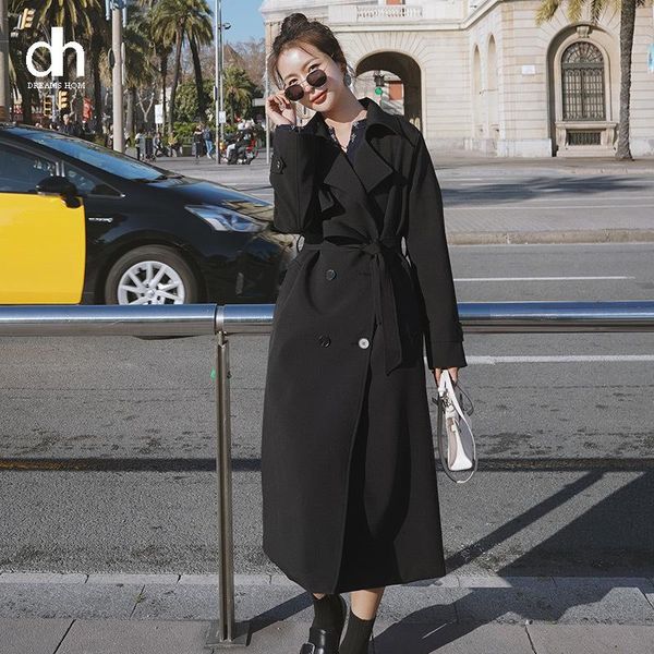 Gabardinas de mujer Abrigos DH Moda Mujer Abrigo Primavera Otoño Ropa exterior femenina Negro Doble botonadura con cinturón Plumero largo para dama