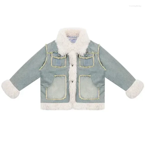 Abrigos de trinchera para mujer DISCVRY Mujeres Cuello de peluche Diseño de remiendo Denim suelto Chaqueta azul Otoño Invierno Mujer Abrigo de lana caliente Manga larga