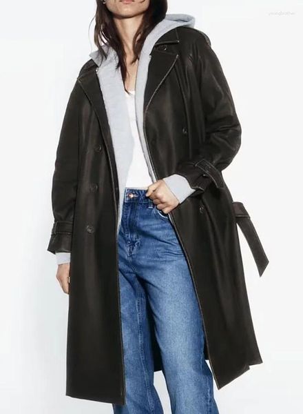 Gabardinas para mujer, abrigo de cuero de imitación Retro con efecto desgastado, ropa de oficina elegante negra a la moda para otoño e invierno 2023