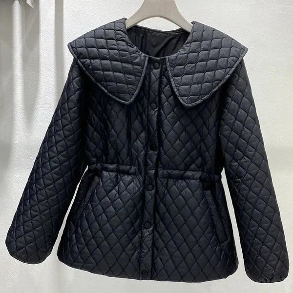 Trenchs de femmes Manteaux de poupée Col de poupée Light Down Coton Veste Femmes Cordon Taille Taille Outwear 2024 Automne Hiver Noir Blanc Lâche Manteau Femme