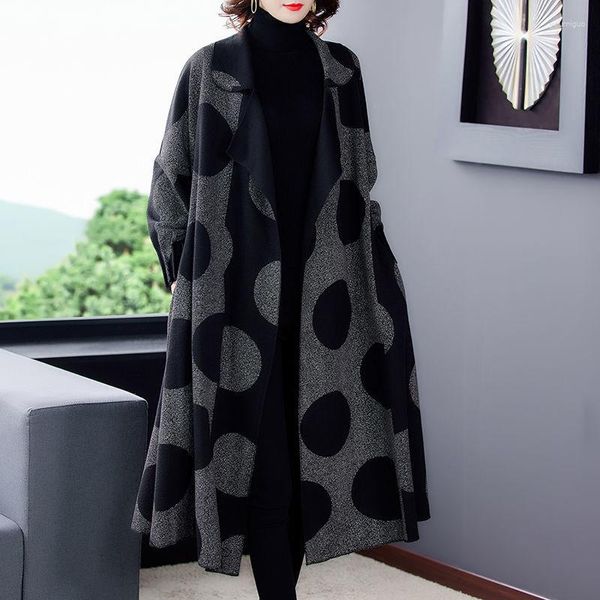 Trench femme Dot Print 2023 manteau coréen pour femme veste ample taille longue ceinture vêtements d'extérieur avec poches T03