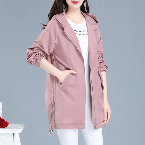 Abrigos de trinchera para mujer Chaquetas con capucha de doble capa 2021 Otoño Causal Famale Largo Cortavientos Mujeres Abrigo rosa básico y forro más tamaño 4XL 23