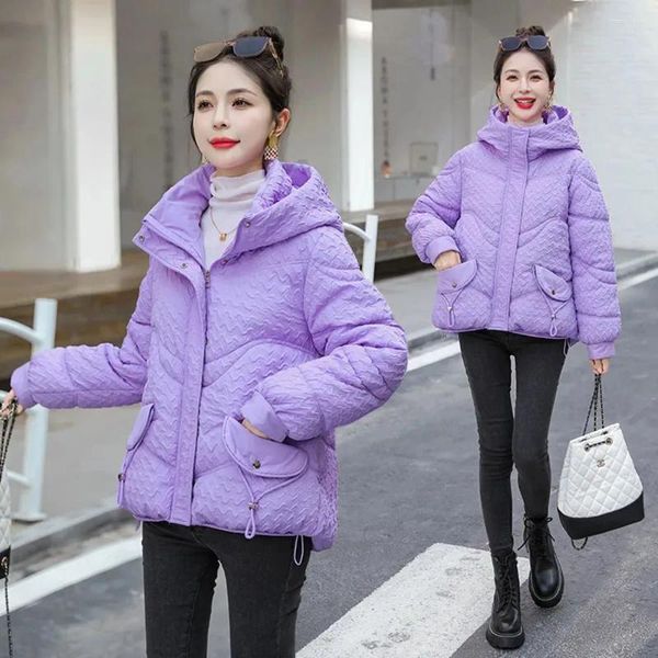 Caones de zanjas para mujeres Bata Down Jacket Winter Women 2023 Textura Jackets de algodón con capucha moda Femenina tibia Parkas casual en espesor Purple