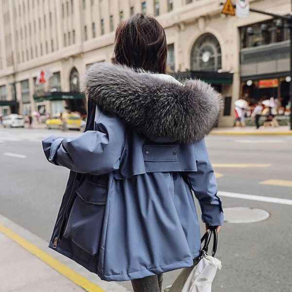 Abrigos de trinchera para mujer Chaqueta de algodón Mujer Estudiante Tipo corto Espesado Adelgazante Cuello de piel grande Tallas grandes Mujeres