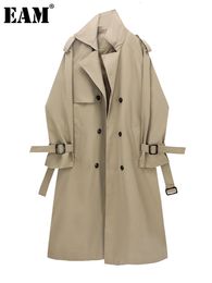 Trenchs de Femmes EAM Femmes Kaki Grande Taille Longue Trench Revers Manches Longues Coupe-Vent Coupe-Vent Mode Printemps Automne 1DF2124 231114