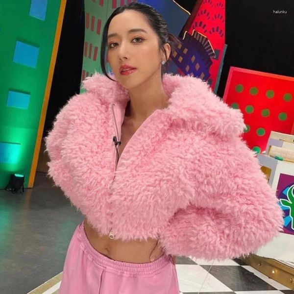 Abrigos de trinchera para mujer Echoine Pink Piel sintética Turn Down Chaqueta corta Gruesa Cálida Furry Abrigo de invierno Streetwear Mujeres Casual Teddy Outwear