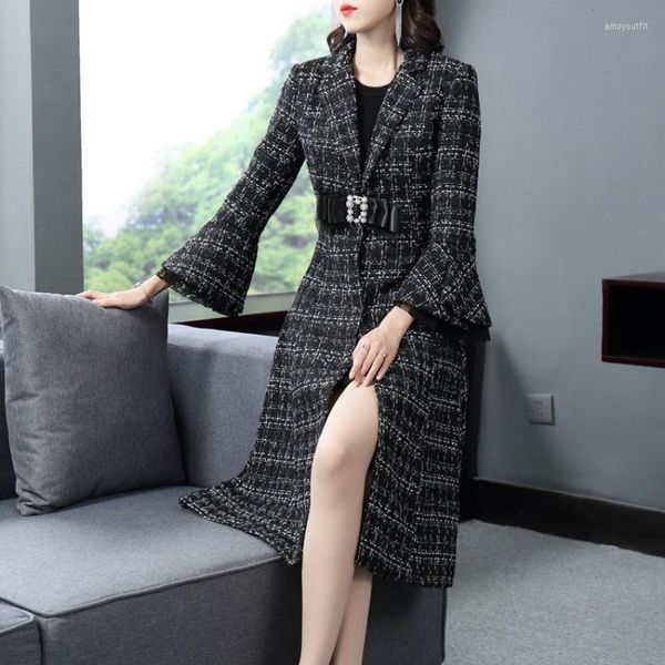 Femmes Trench Coats Femmes Élégantes Manteau En Laine Bureau Dames Cristal Bow Costume Long Plaid Dentelle Flare Manches Laine Pardessus Slim Fit