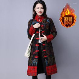 Trenchs de femmes manteaux de style ethnique coton rembourré hiver veste chinoise mi-longueur manteau en coton-lin boucle rétro épaissie matelassée Parka T652