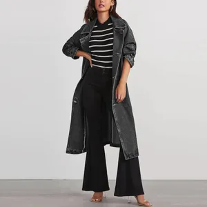 Trenchs de femmes Europe et Amérique Sweat-shirt coupe-vent Vintage Midi Long Jean Veste Lâche Double boutonnage Denim Manteau Robe