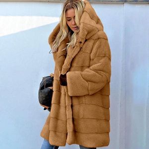 Trenchs de femmes manteaux européens et américains mi-longueur couleur unie manteau à capuche en peluche en peluche avec fausse fourrure pour la chaleur d'automne hiver